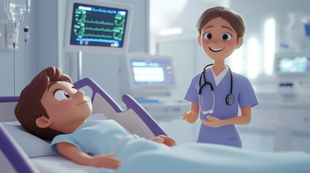 A cartoon nurse talking to a cartoon patient in a hospital setting.