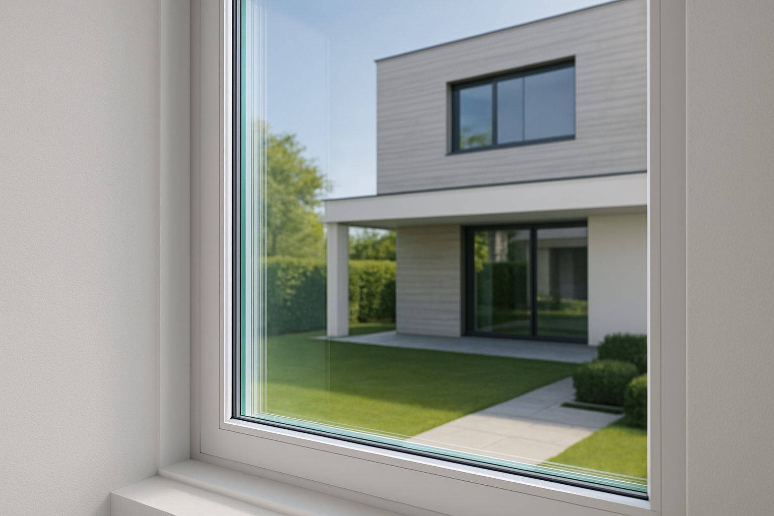 View of a modern home through a window, featuring green grass and a simple landscape design.