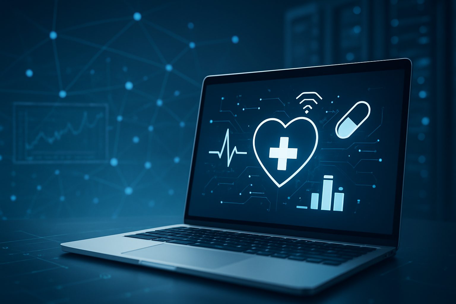 A laptop displaying icons related to health technology, including a heart, a medical cross, and a pill, against a dark b